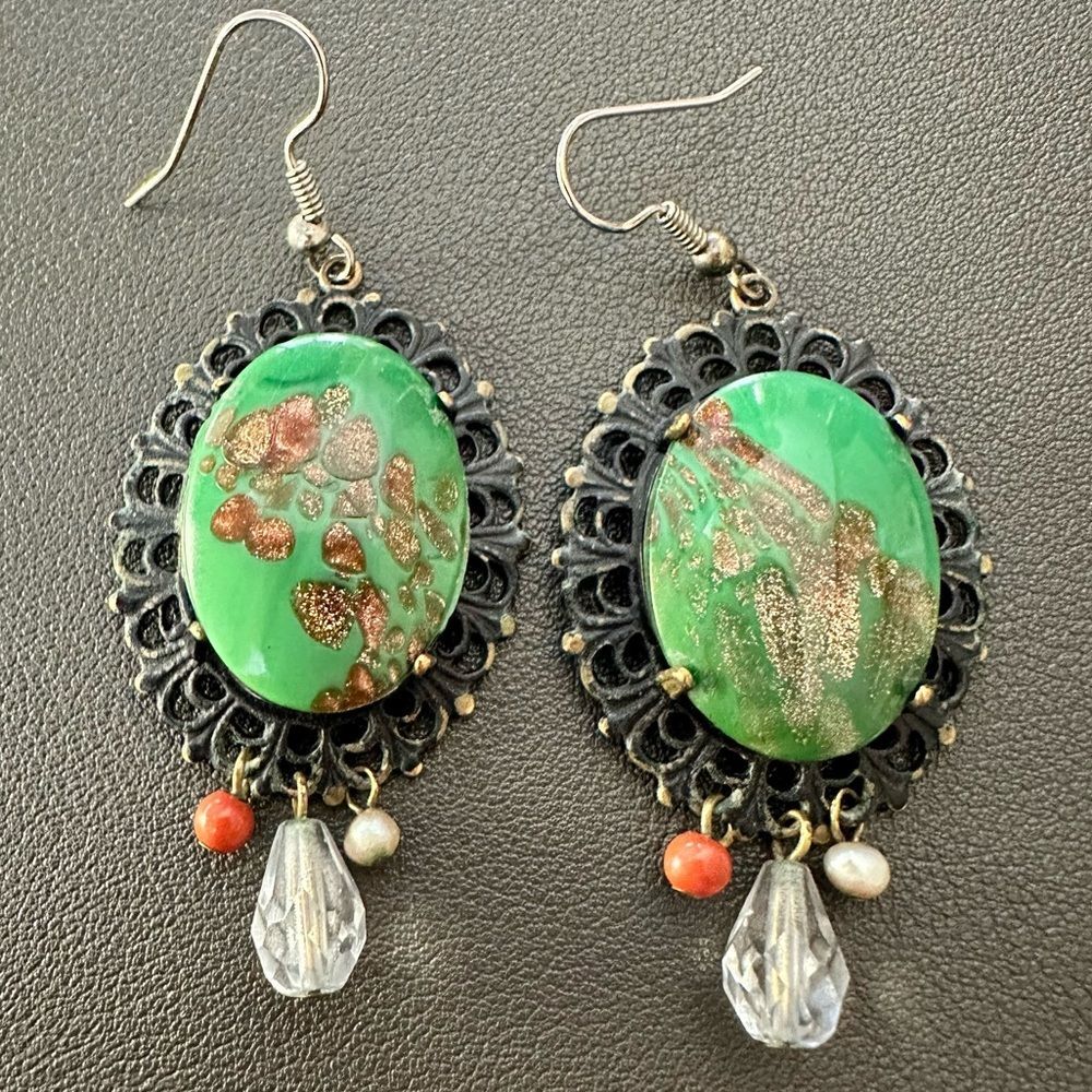 Vintage Artisan Murano Glass Bead Button Dangle Drop Earrings